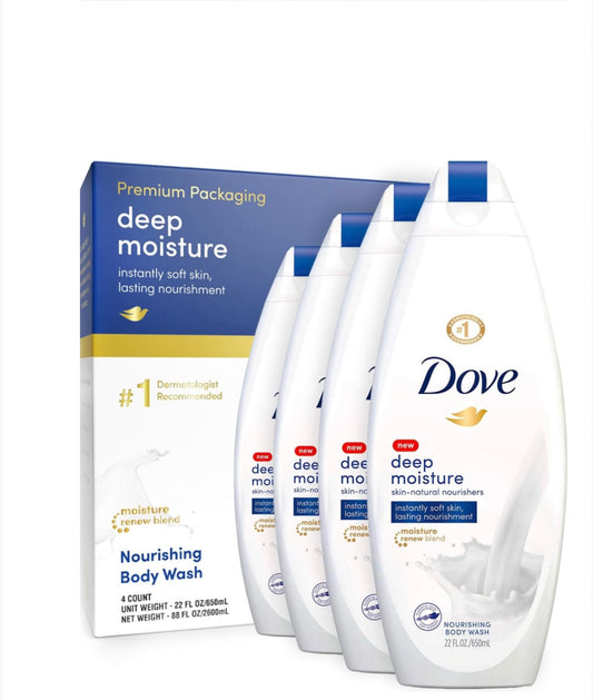 Dove Deep Moisture Body Wash for Dry Skin - Shower Soap for Women & Men, 24H Moisture Body Soap Liquid, 22 Oz (Pack of 4)