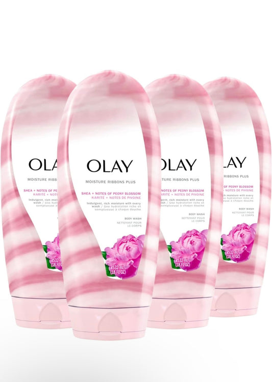 Olay Moisture Ribbons Plus Shea + Notes of Peony Blossom Body Wash, 18 fl oz (Pack of 4)